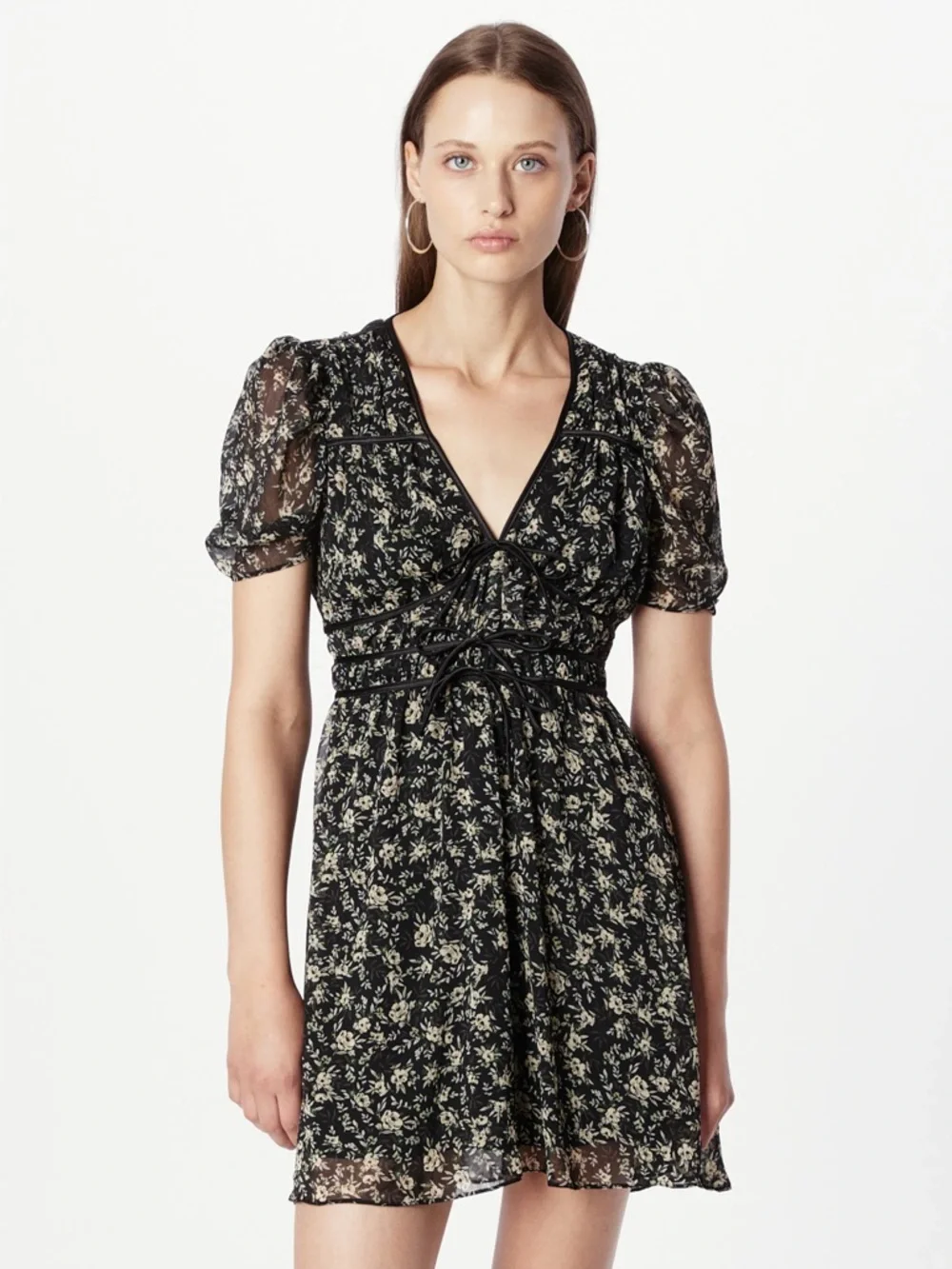 Topshop Tie Front Gathered Tea Dress In Mono Floral Print